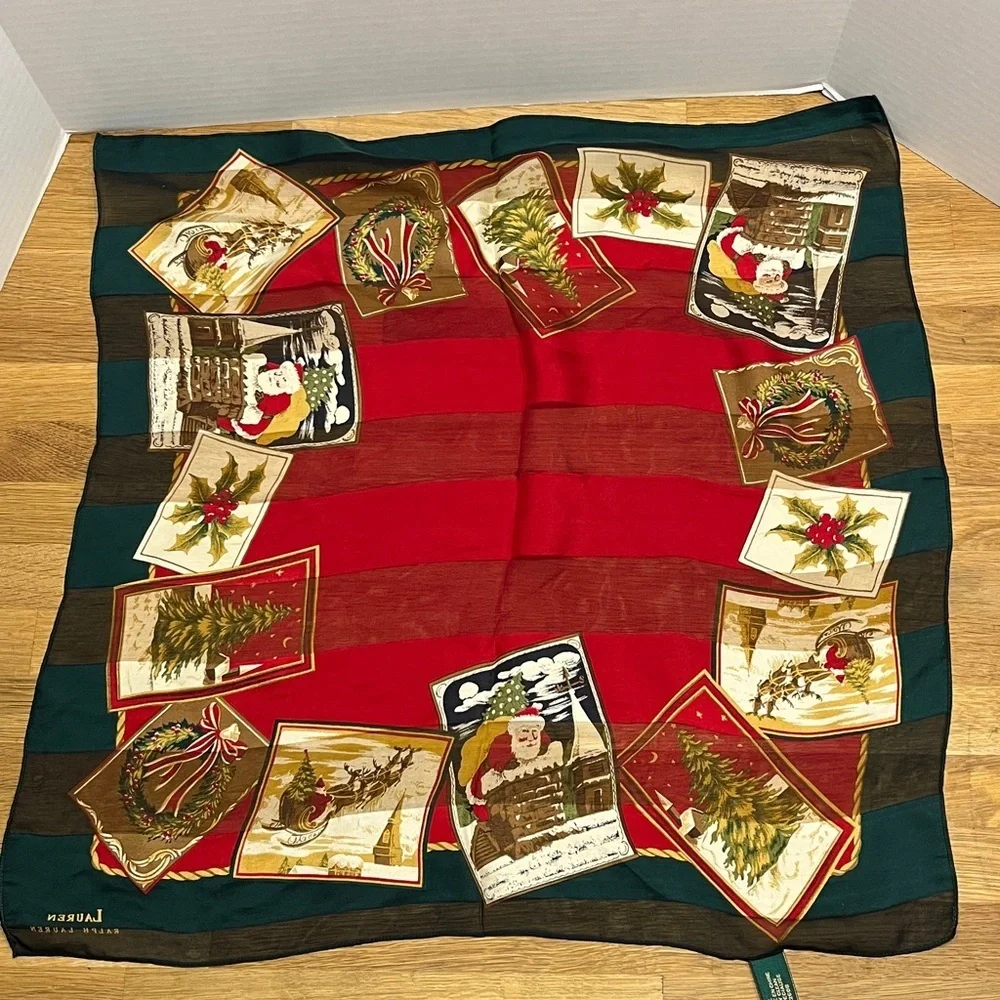 Lauren Ralph Lauren 100% Silkisoie Red & Green Christmas Postcards Square Scarf